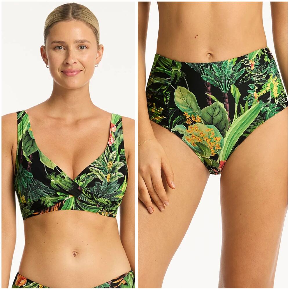 SEA LEVEL SWIM Lotus Cross Front Multi-fit Bikini Set Size 6 Black Green NWT